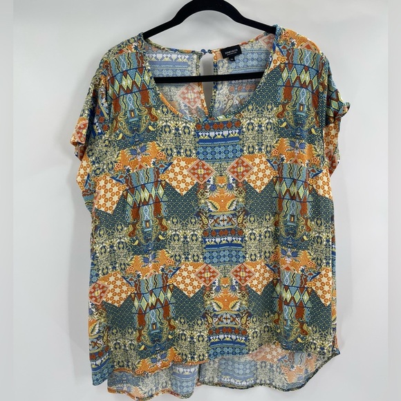 Jones New York Shirt Top Blue Orange Scoop Neck Short Sleeve Floral Size 3x - Picture 1 of 9